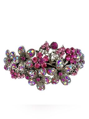 Pink Crystal Floral Big Hair Clip - With Sparkling AB Rhinestones